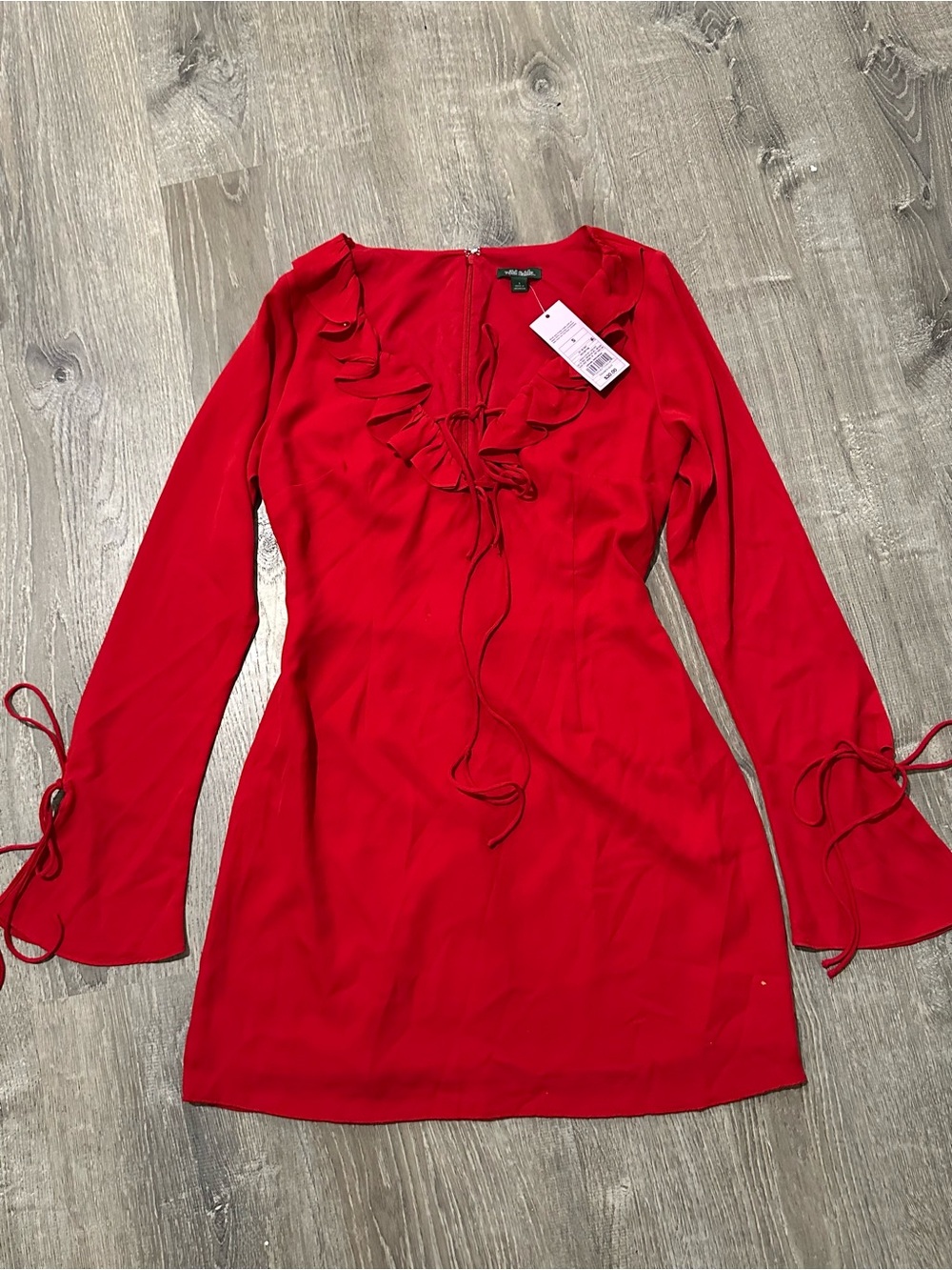 New York & Company Red Ruffle Tie-Front Long Sleeve Dress